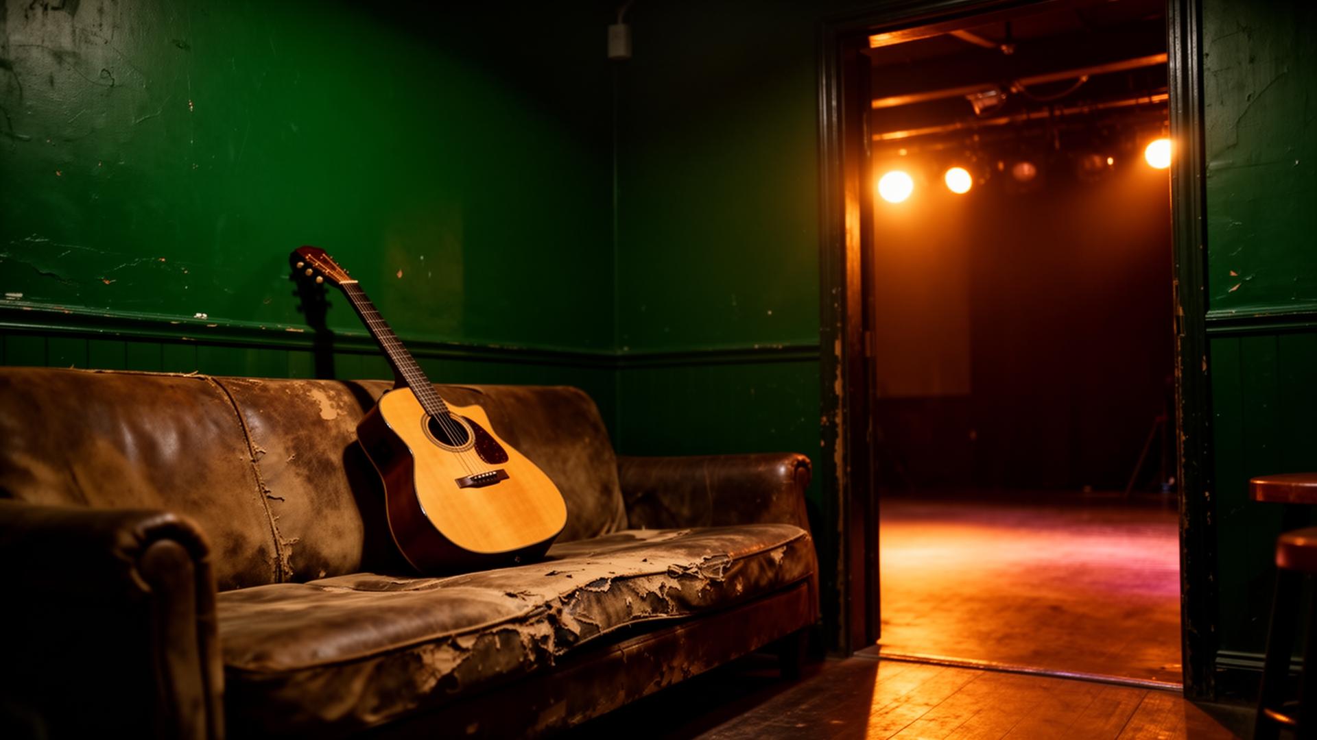 A dimly lit music venue green room with an acoustic guitar resting on a worn leather couch