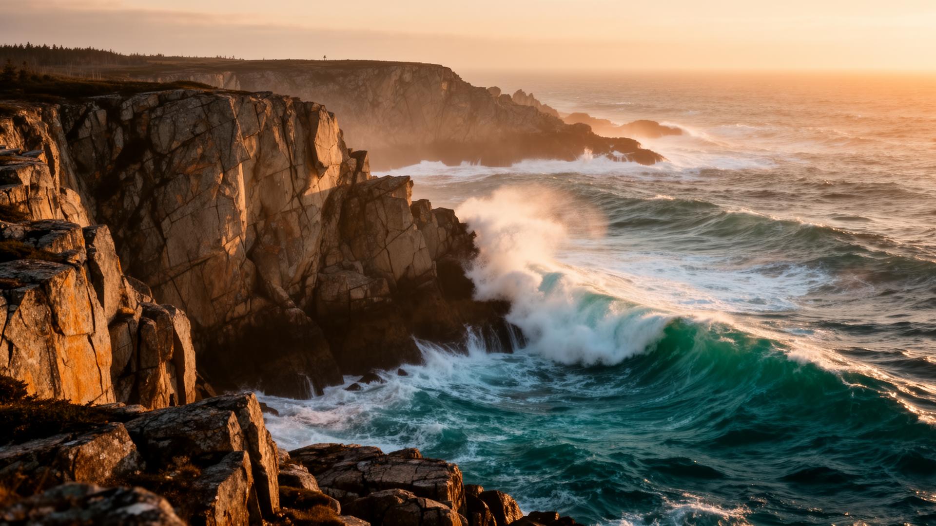 Atlantic waves breaking against Canadian coastal cliffs at golden hour